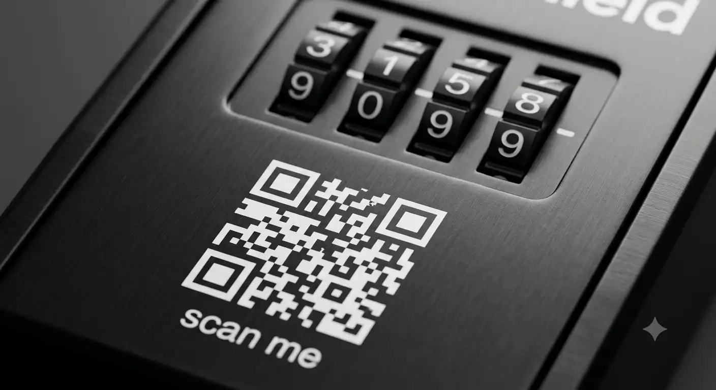 Close-up of the HostShield combination lock and QR code